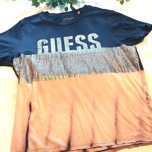 Guess. Tie dyed T-shirt. Silver foil print. Size Large.